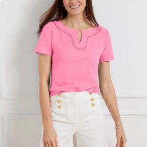 Talbots Women's Cotton Dot Trim Pink Split
Neck‎ Top Small